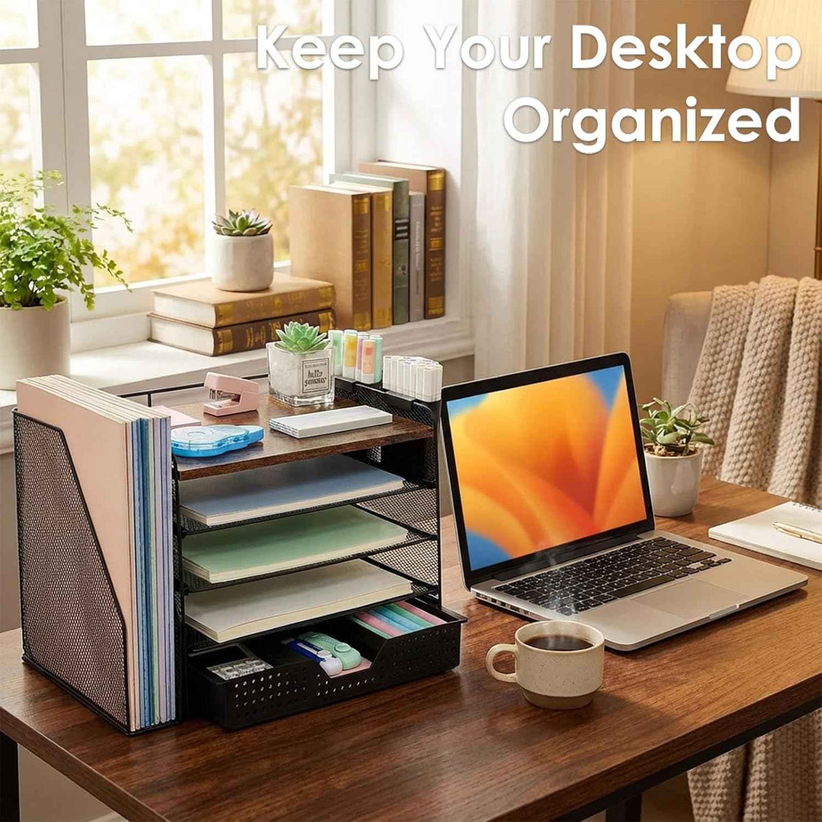 Desk Organizer, 5-Tier Desktop File Organizer with Drawer and Pen Holders, Office Desk Accessories, File Sorters, Workspace Organizers for Office Supplies(Wood)