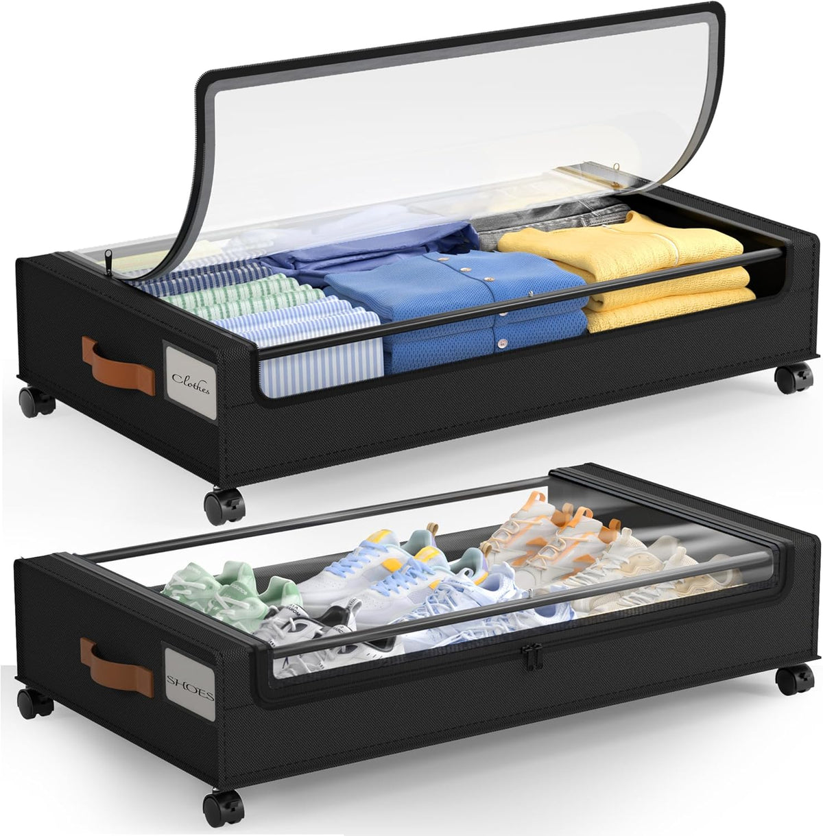 LAMU Under Bed Storage with Wheels, 2Pack Underbed Storage Containers,Black | Smooth-rolling Wheels, Clear Lid & Label, Sturdy Metal Frame, Easy Install, Rolling Storage Drawers for Clothes, Shoes, Toys - Field & Nook