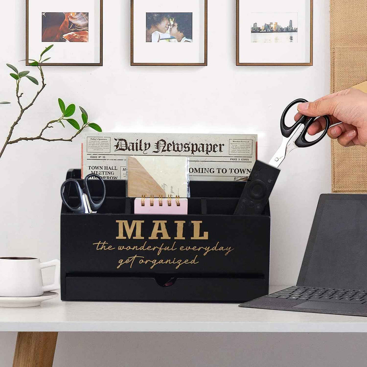 EXQUIDECA Wooden Black Rustic Countertop Mail Storage Holder with Drawer and Compartments - Office Desk Accessories and Workspace Organizers - Desktop Sorter for Pen Stationery Letter Files Documents