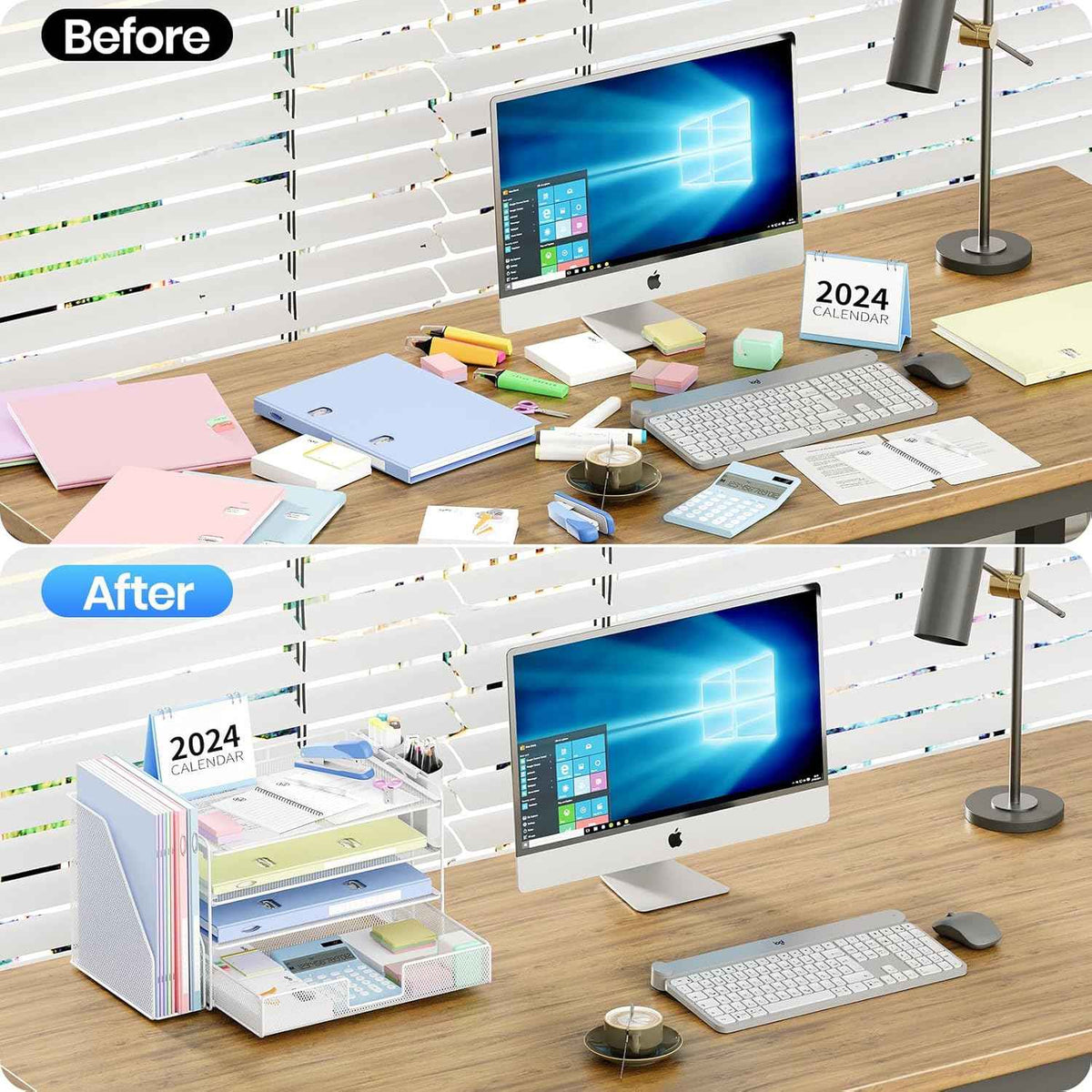 Desk Organizer, 4-Tier Desktop File Organizer with Drawer and Pen Holders, Office Desk Accessories, File Sorters, Workspace Organizers for Office Supplies(White)