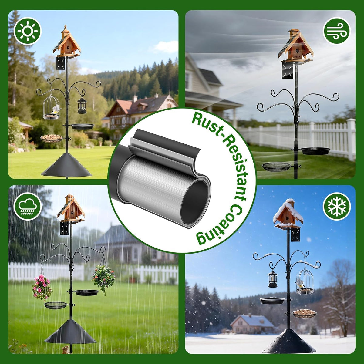 99 Inch Bird Feeder Pole with Squirrel Baffle, 360° Rotating Heavy Duty Bird House Pole for Outdoors Garden Yard, Adjustable Height Bird Feeder Stand with Shepherds Hooks Metal Trays