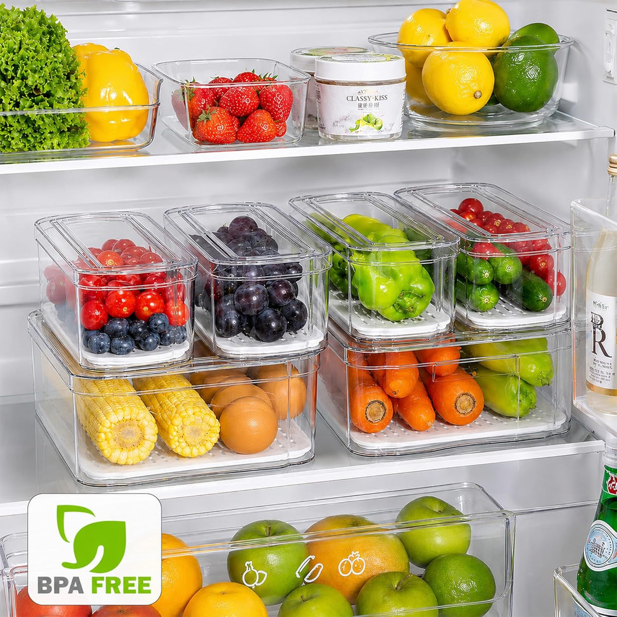 SMRCAD 6 Pack Clear Fridge Organizer Bins with Drain Trays - Stackable | BPA-Free PET, 6 Pack: 6 lidded Bins (Not drawer), Helps Keep Produce Fresh, 14L Capacity, Hand Wash Only - Field & Nook