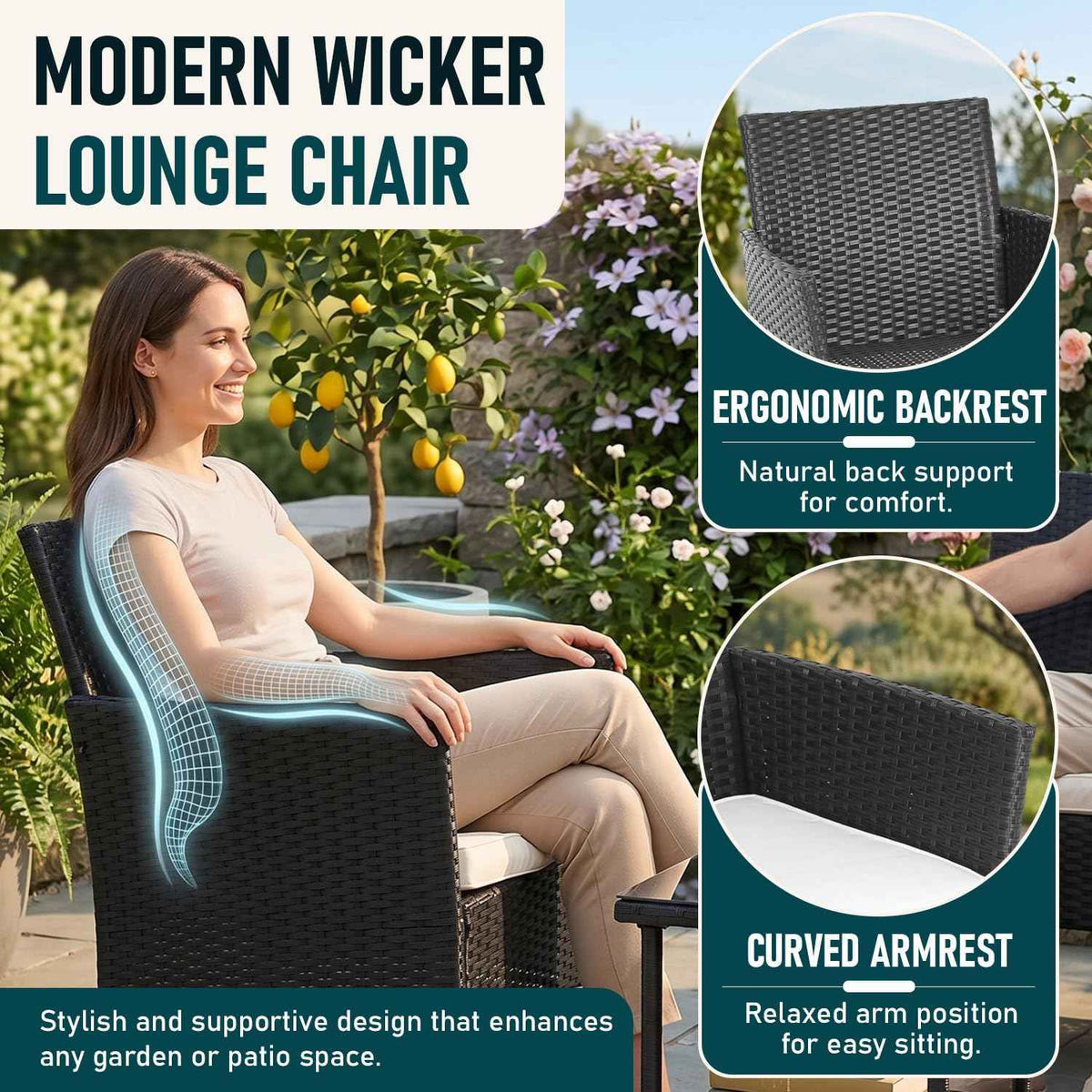 FDW 3-Piece Patio Furniture Set | Black & Beige | Outdoor Wicker