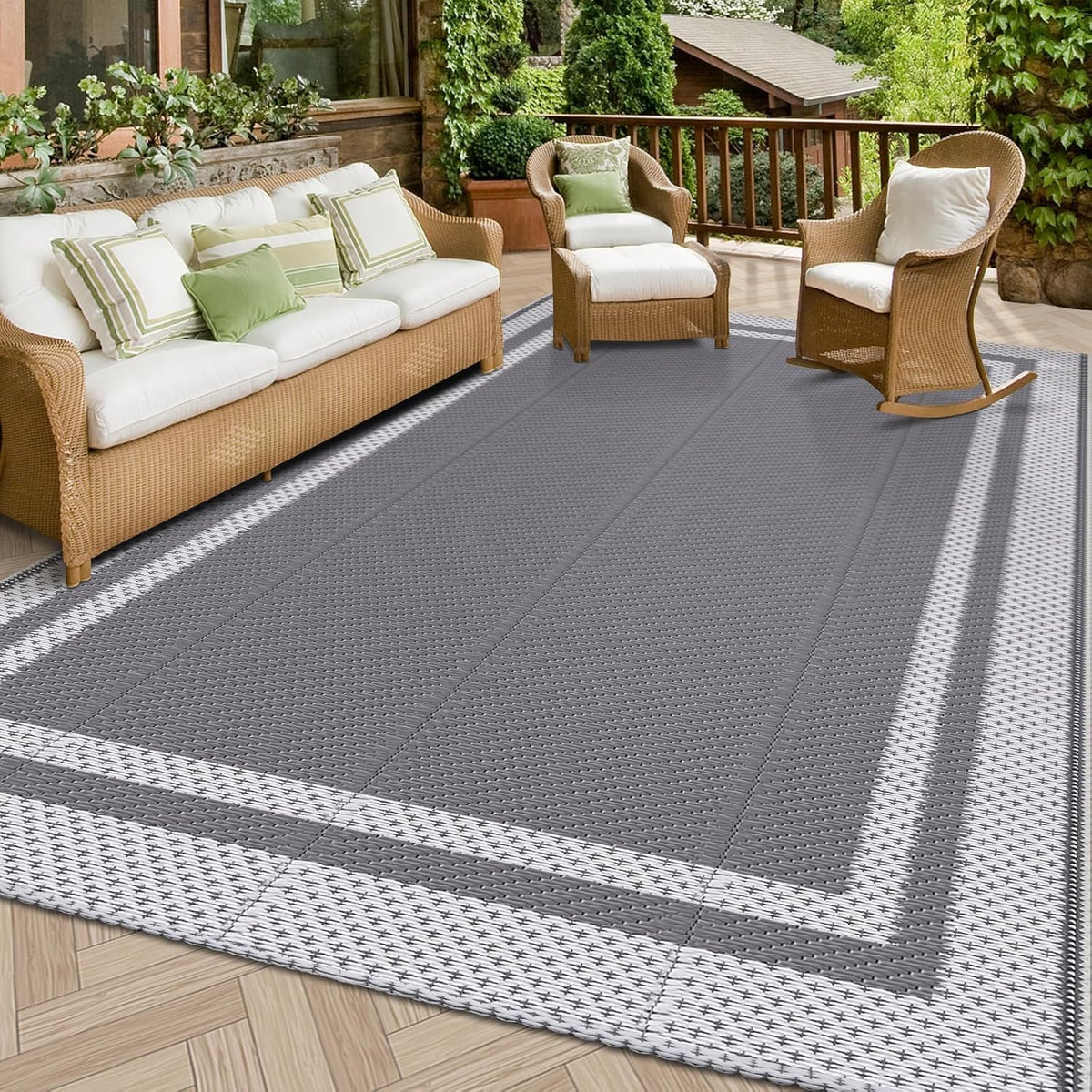 Outdoor Rug Portable Plastic Straw Camping Rugs for Outside RV | Large Reversible Waterproof Outdoor Area Rugs for Patio,Deck,Porch,Balcony(5'x 8',White&Gray)