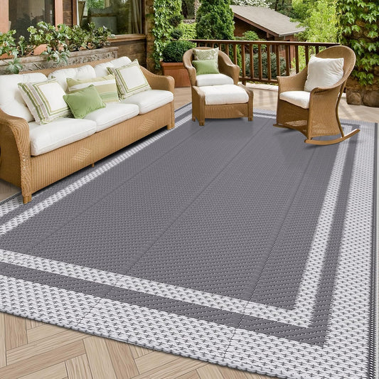 Outdoor Rug Portable Plastic Straw Camping Rugs for Outside RV | Large Reversible Waterproof Outdoor Area Rugs for Patio,Deck,Porch,Balcony(5'x 8',White&Gray)