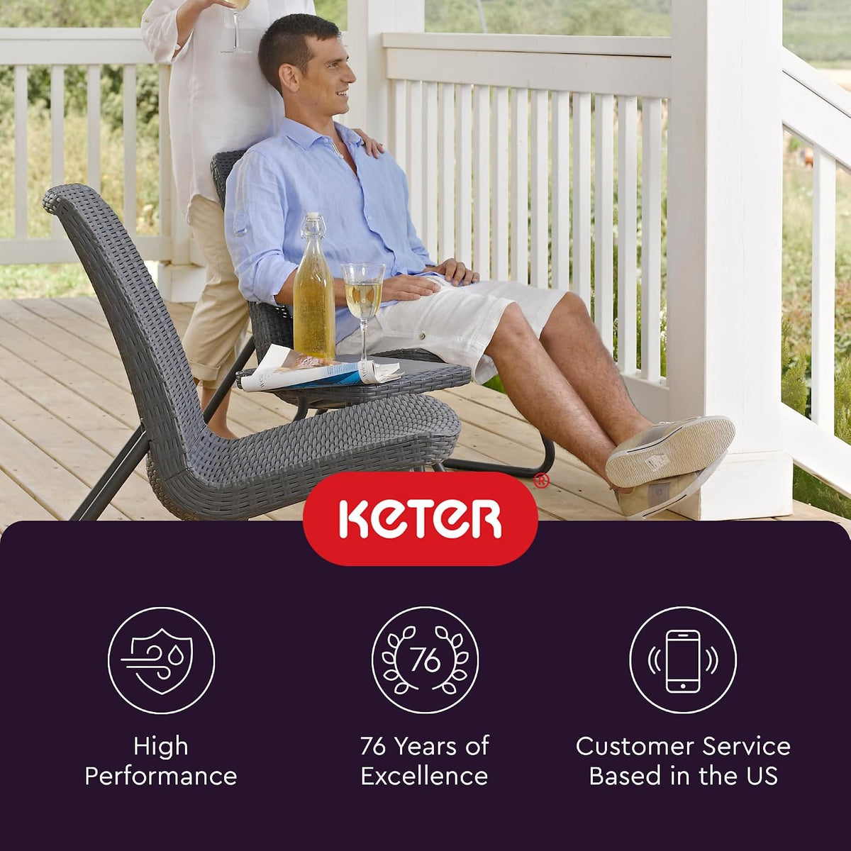 Keter Rio 3 Piece Resin Wicker Patio Furniture Set with Side Table and