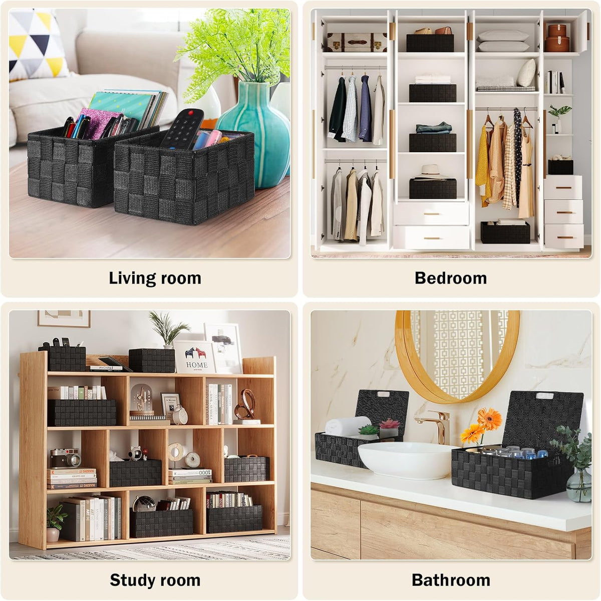 Storage Baskets with Lids: 5 Pack Stackable Woven Storage Bins, Black | Decorative Woven Baskets for Organizing with Built-In Handles for Shelves, Closets, Cabinets and Cubbies, Gift Small Basket - Field & Nook