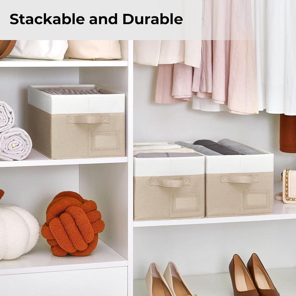 GRANNY SAYS Closet Storage Bins with Label, Khaki&Ivory, Medium, 3-Pack | Closet Storage Bins, Storage Baskets for Closet, Fabric Bins for Clothes, Closet Organizer Bins, Clothes Storage Organizer - Field & Nook
