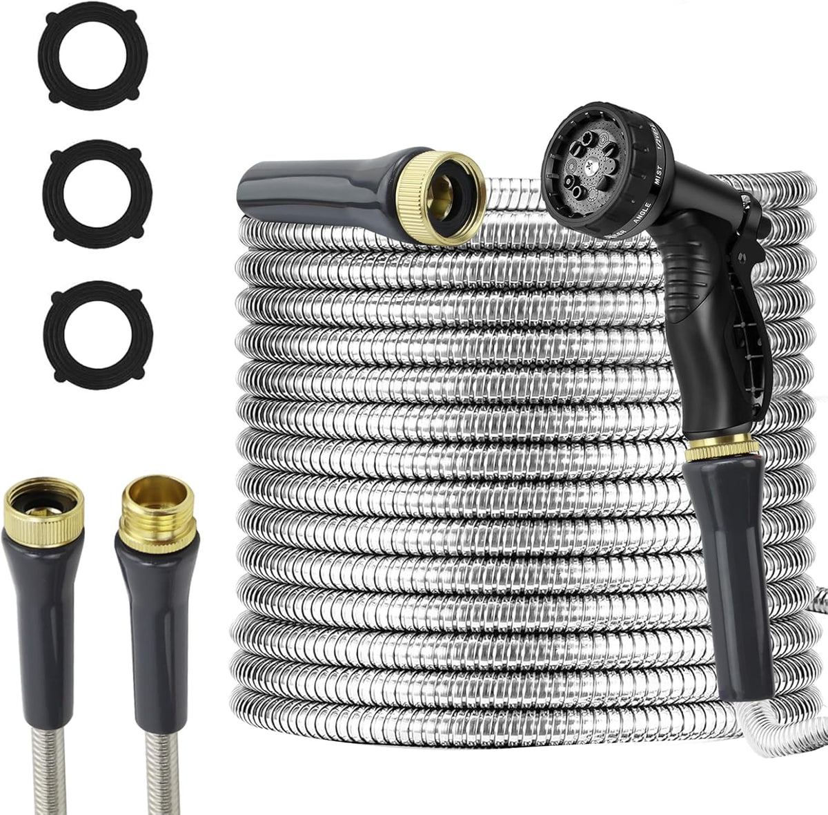 Stainless Steel Garden Hose with 10-Pattern Nozzle – 50 ft