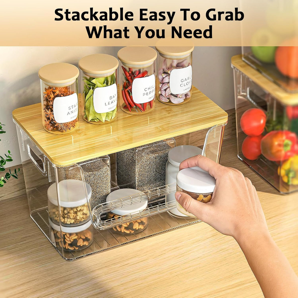 Delamu 4 Pack Pantry Organizers and Storage,Trash Bag Dispenser with Bamboo Top,Stackable Trash Bag Dispenser Under Sink Organizer for 4-30 GalBags,Onion,Potato,Fruits,Clear - Field & Nook