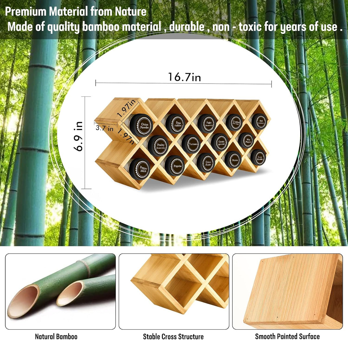 Bamboo Criss Cross Spice Rack Organizer for Cabinet, Wood Seasoning Rack Spice Holder, 18-Jar Spice Rack Tower Spice Storage for Kitchen Countertop Drawer-Jars Not Included - Field & Nook