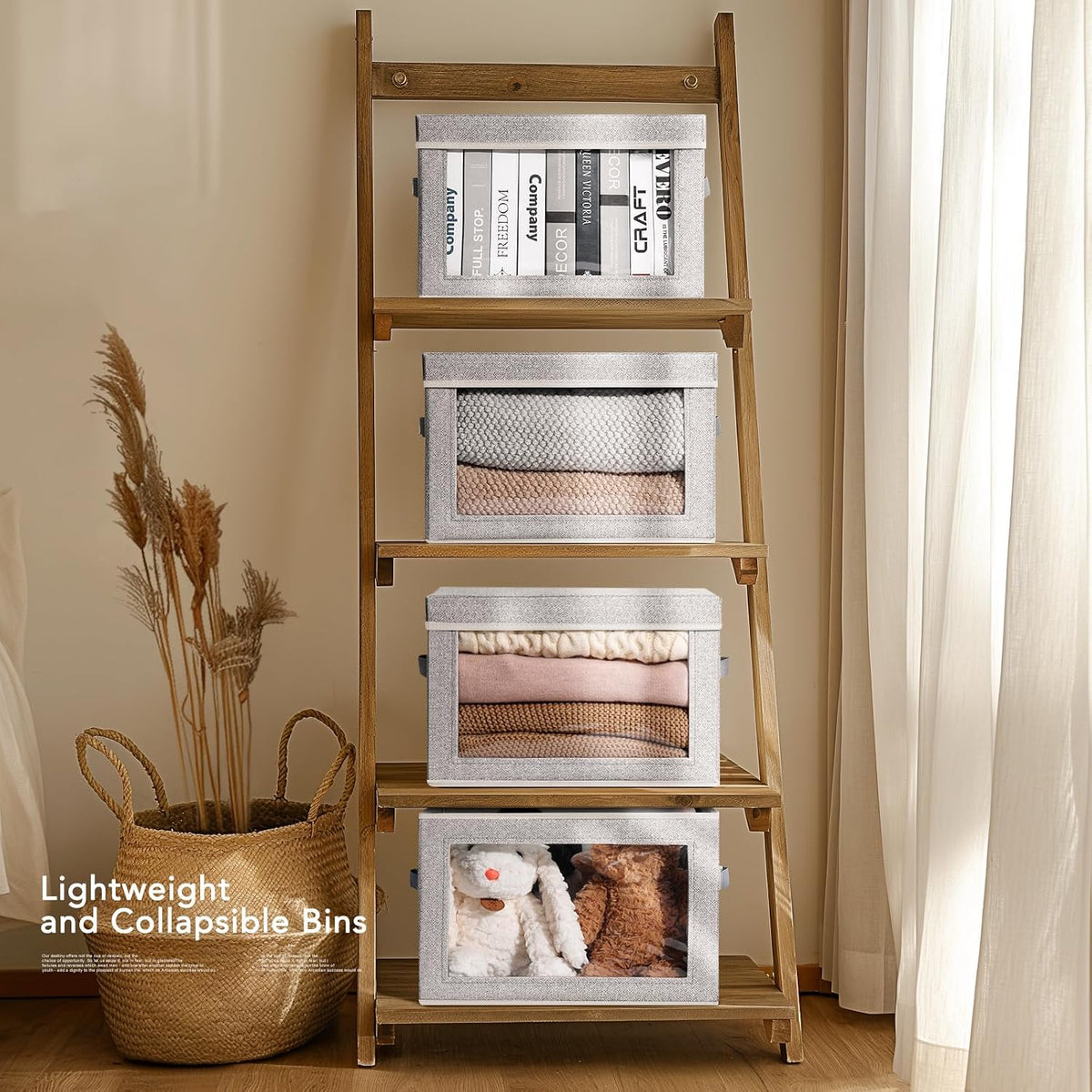 Large Storage Baskets Bins with Lids - Stackable Cube Bins for Closet, 3 Pack Windows Organizer Bins, Home Organizers and Storage for Clothes, CD, Towels, Light Grey - Field & Nook