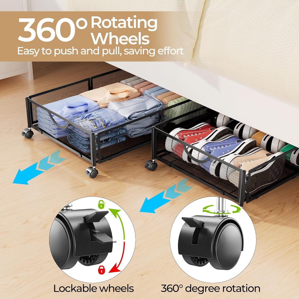 Yecaye Under Bed Storage with Wheels, 2 Pack Under Bed Shoe Storage Organizer Drawer, Tool-free Assembly Metal Underbed Storage Containers for Clothes, Shoes, Toys, Black - Field & Nook
