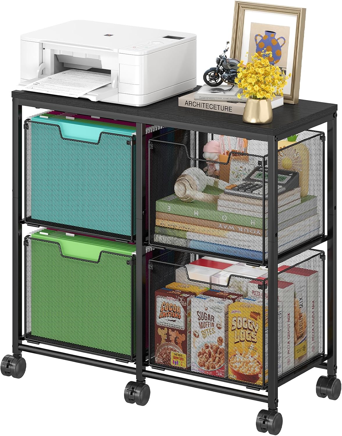 Sbanmao 4 Drawer Lateral File Cabinet, Mobile Filing Cabinet, Printer Stand with Wheels Under Desk Storage Office Storage Cabinet Fits Letter Size for Home Office, Black - Field & Nook
