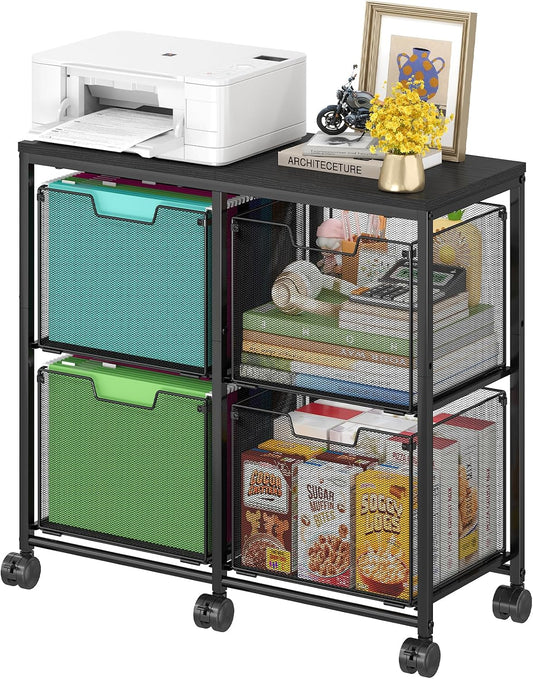 Sbanmao 4 Drawer Lateral File Cabinet, Mobile Filing Cabinet, Printer Stand with Wheels Under Desk Storage Office Storage Cabinet Fits Letter Size for Home Office, Black - Field & Nook