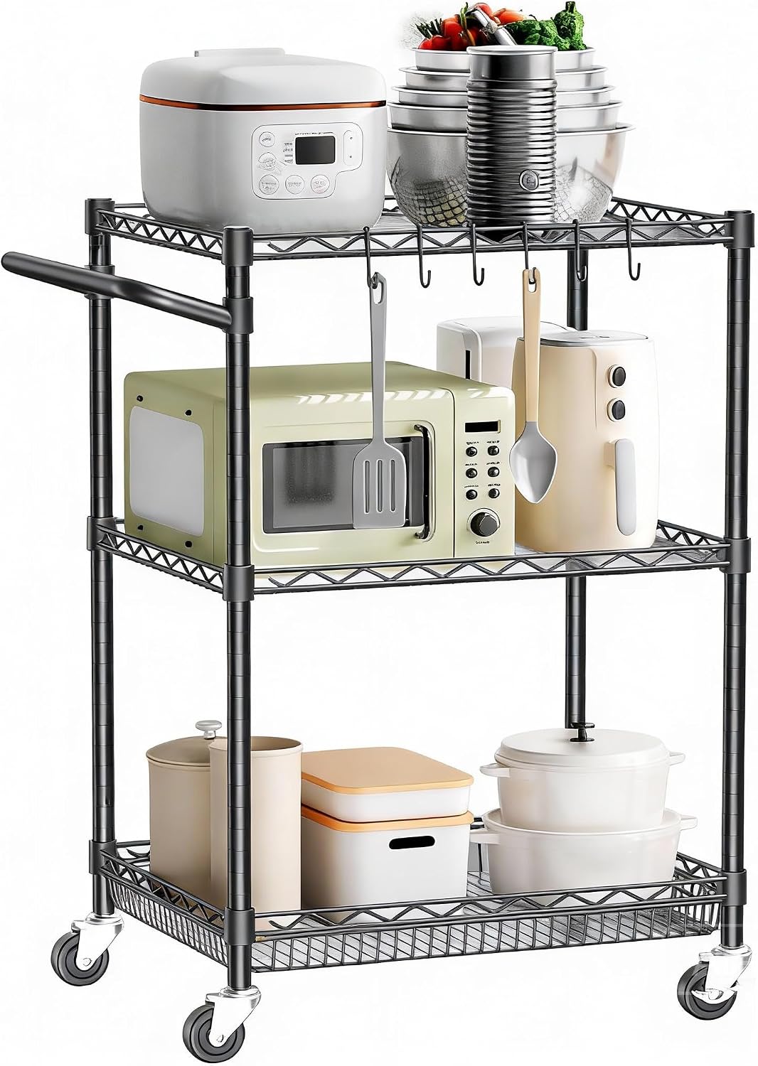 3 Tier Rolling Utility Metal Carts with Wheels Heavy Duty Cart 750Lbs | Adjustable Kitchen Storage Organizer Cart with Handle & Shelf Liner Commercial Grade Trolley for Indoor & Outdoor Use - Field & Nook