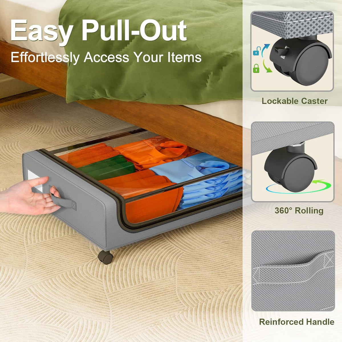 GoMaihe Under Bed Storage with Wheels 48L Grey 2-Pack | Rolling Bins for Shoes Clothes in Dorm Bedroom - Metal Drawers Easy Pull-out - Field & Nook