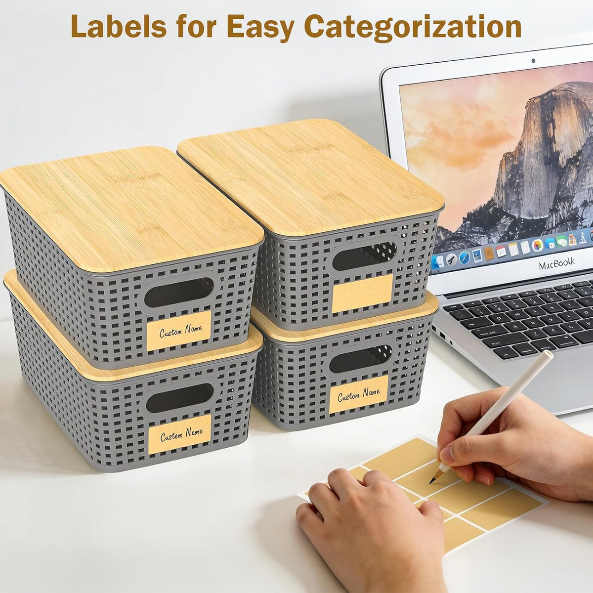 Stackable Storage Baskets: 8 Pack Plastic Baskets Bins, Gray | Decorative Baskets for Organizing, Pantry Decorative Containers for Closets, Cabinets, Shelves - Field & Nook