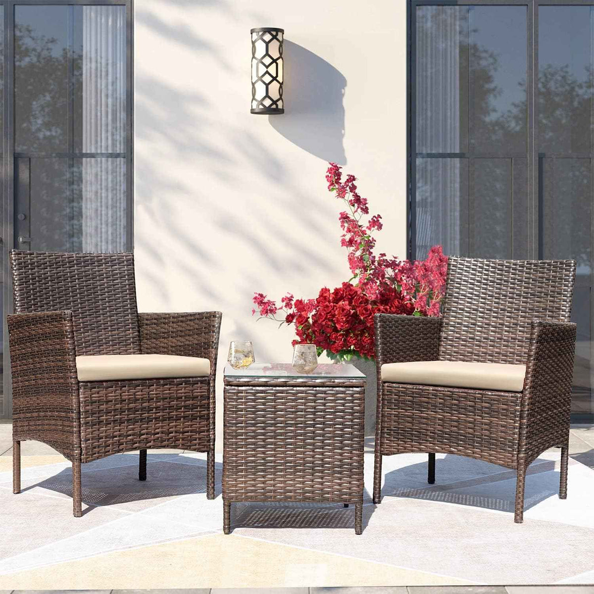 Greesum 3 Pieces Patio Furniture Sets Outdoor PE Rattan Wicker Chairs