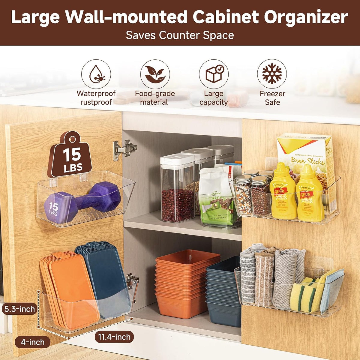 4-Pack Large Cabinet Door Organizer, 11.4" Adhesive Wall Mounted Pantry Organizers and Storage, Space Saving, Drain Bottom, No drill, Clea Storage Caddy Baskets for Kitchen, Bathroom, Under Sink - Field & Nook