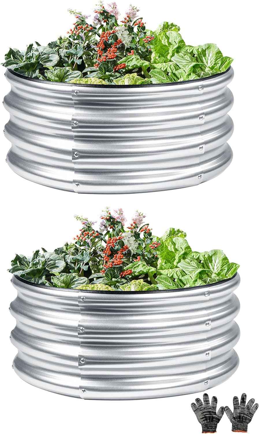 2 Pcs 2x2X1 FT Round Galvanized Raised Garden Bed Kit, Silver Outdoor Planter Garden Bed, Metal Raised Box for Vegetables, Fruits, Flowers & Herbs