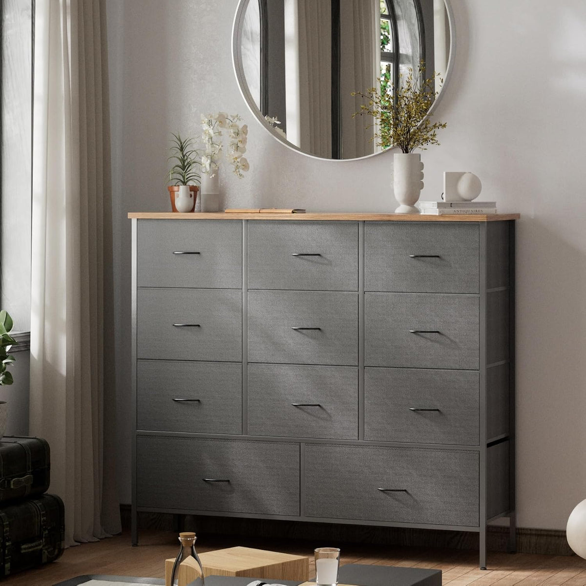 11-Drawer Wide Dresser with Wood Top – Fabric Storage Chest for Bedroom, Closet & Entryway (Black)