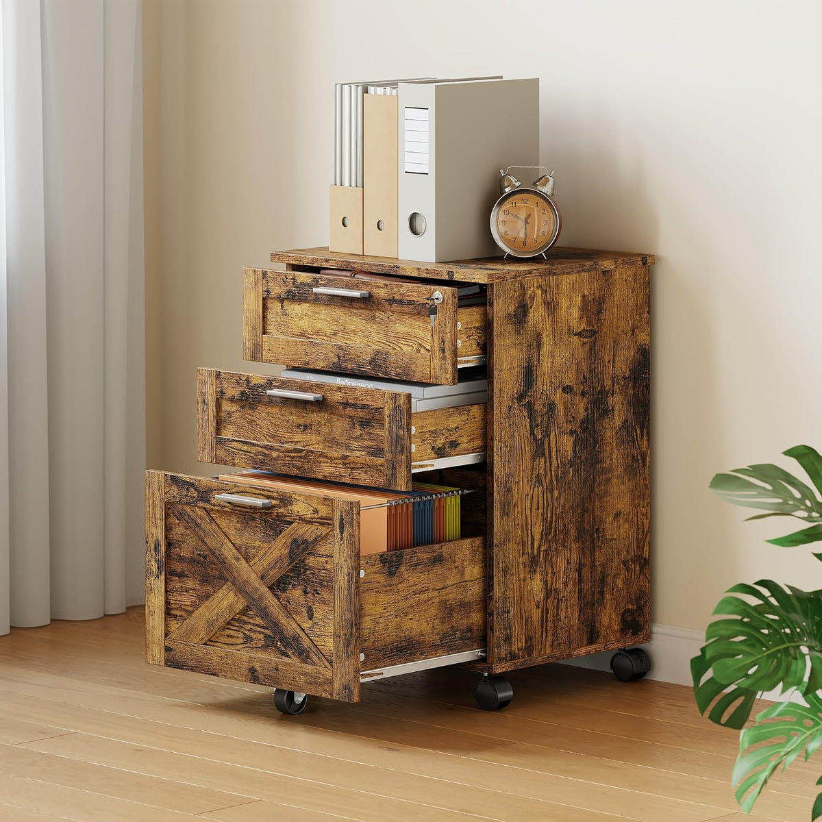 3-Drawer Rolling File Cabinet with Lock - Wooden Mobile Filing Cabinet for Home Office, Under Desk Storage Organizer fits Letter/A4/Legal Size, Sturdy Printer Stand with Locking Casters, Rustic Brown - Field & Nook