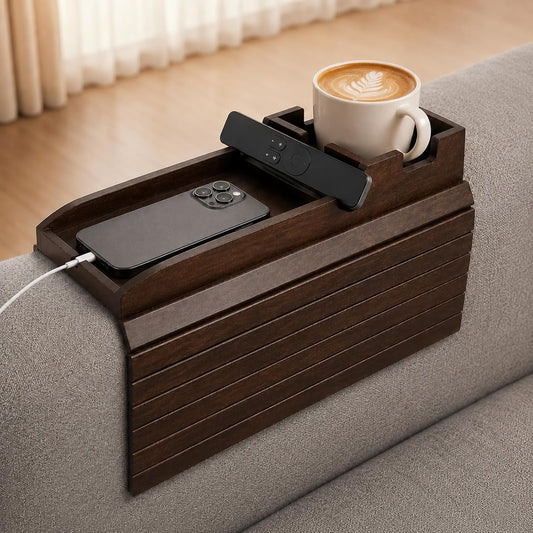 Foldable Bamboo Couch Arm Tray – Cup Holder for 4.7–16.9 Inch Armrests