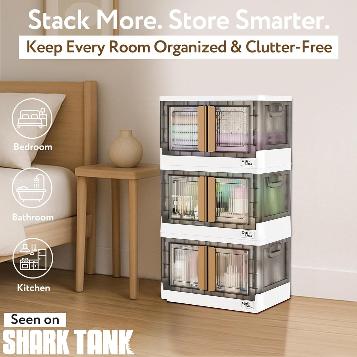 Quik Box - 8.5 Gallon Stackable Storage Bins with Doors & Wheels - Collapsible Organizer for Dorms, Bedroom & Home - Durable Polystyrene - White - Field & Nook