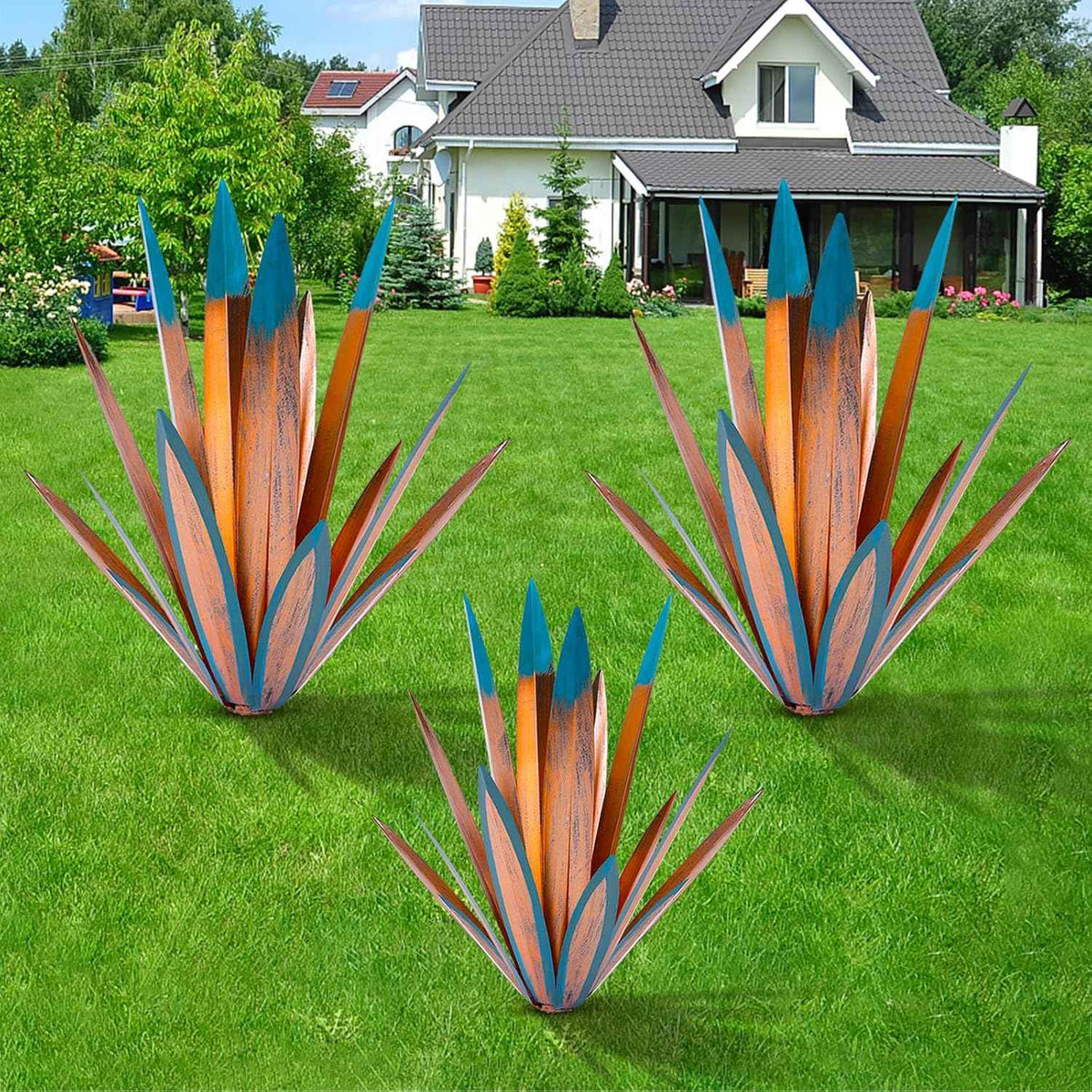 Hand-Painted Metal Agave Sculptures – Set of 3
