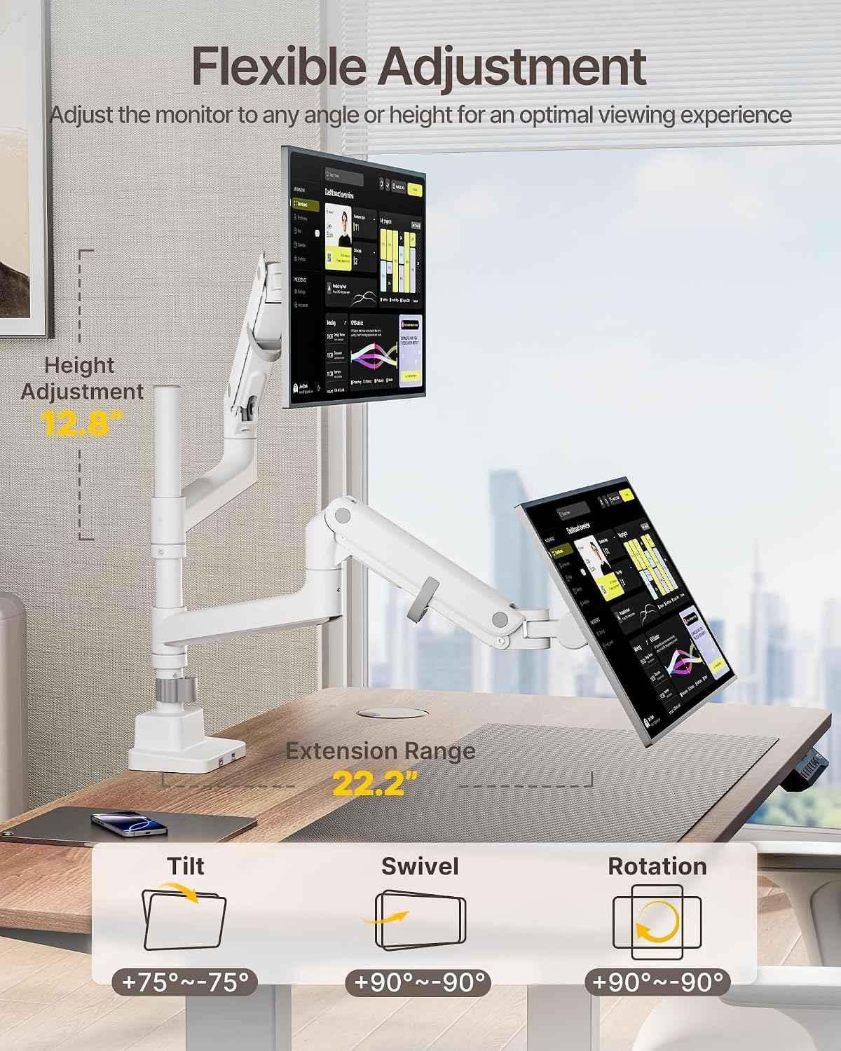 monTEK Dual Monitor Arm, Vertical Stackable 57", Heavy Duty with USB White | Vertical Stackable Gas Spring Arm For 17–57" Ultrawide Monitors,Up To 59.4 Lbs Each, 75/100 VESA Mount with USB 3.0A/C