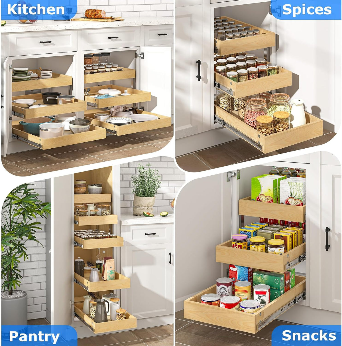 WelFurGeer 3-Tier Pull Out Cabinet Organizer, Birch Wood