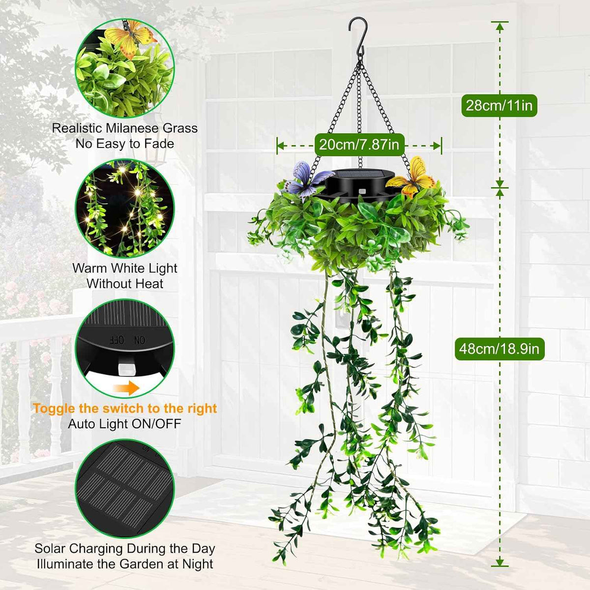 Solar Hanging Garden Lights, 2 Pack 66 LED Outdoor Lights with Realistic Milan Grass & White Flowers, IP65 Waterproof Solar Lanterns for Patio, Porch, Fence, Pergola & Backyard Decor, Auto On/Off