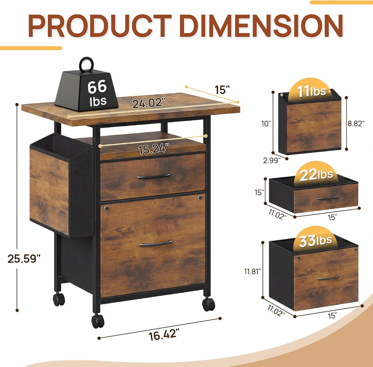 Alpen File Cabinets for Home Office, Small Printer Stand with Storage, Rolling Filing Cabinet with 2 Drawer and Side Storage Bag, Rustic Brown - Field & Nook