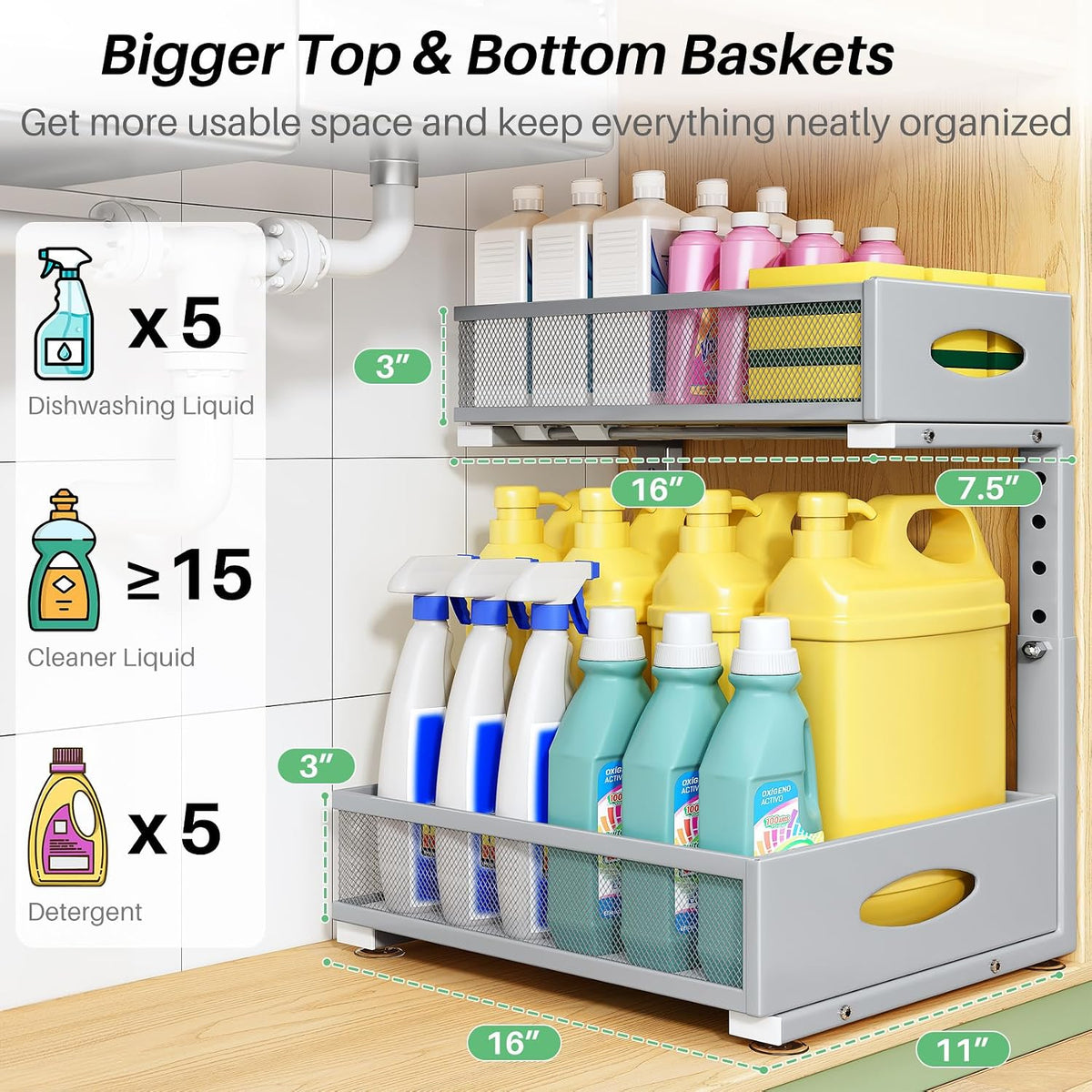 Under Sink Organizer, 2-Pack Pull Out Cabinet Organizer 2 Tier Metal Slide Out Storage Shelf Rack, L-Shaped Adjustable Height,Mesh Sliding Drawer for Kitchen, Bathroom, Laundry, Pantry, Grey, XL - Field & Nook