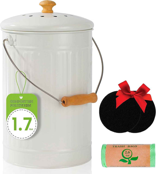 1.7 Gallon Kitchen Compost Bin, Indoor Countertop Compost Bin with Lid, 100% Rust Proof Compost Bucket with Non-Smell Charcoal Filters (White)