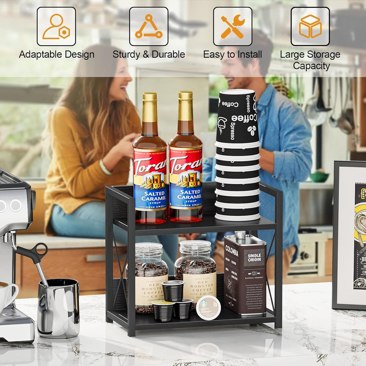 Giikin Kitchen Counter Shelf, 2 Tier Kitchen Spice Rack Organizer for Countertop, Wood Coffee Bar Organizer for Home (Black, S) - Field & Nook