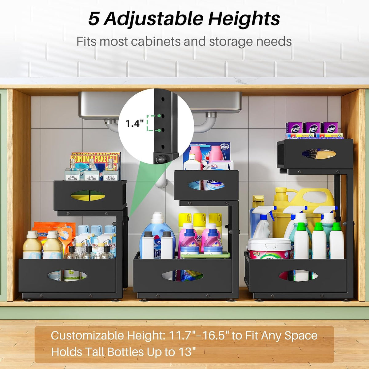 Under Sink Organizer, 2-Pack Pull Out Cabinet Organizer 2 Tier Metal Slide Out Storage Shelf Rack, L-Shaped Adjustable Height,Mesh Sliding Drawer for Kitchen, Bathroom, Laundry, Pantry, Black, XL - Field & Nook