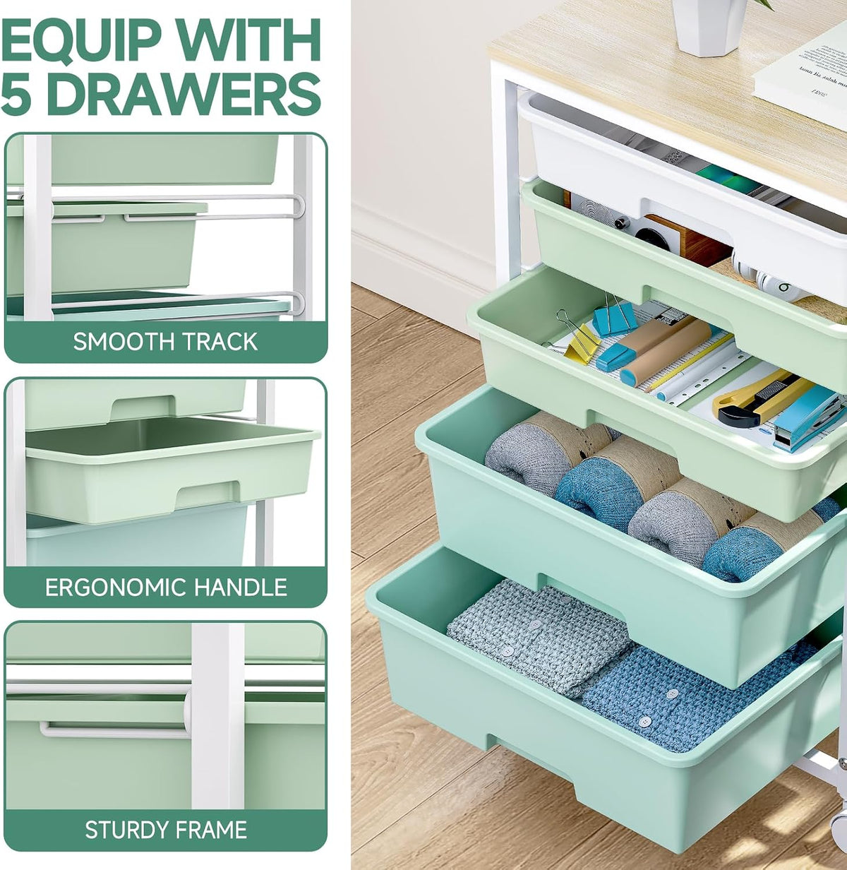 SYKIARIOL Rolling Cart with Drawers,5 Drawers Storage Cart,Light Green | 5-Tiers Utility Cart with Drawers with Lockable Wheels for Craft Organizers and Storage,Home Office,Classroom,Dorm,Playroom - Field & Nook
