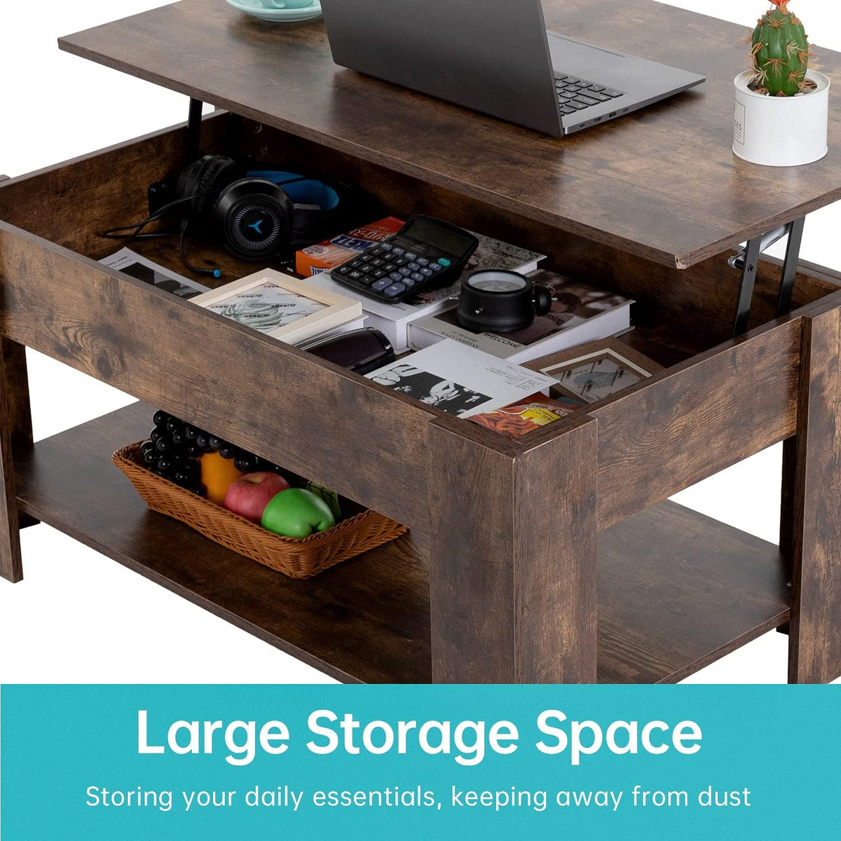FDW 39.4" Lift Top Coffee Table with Hidden Storage, Brown