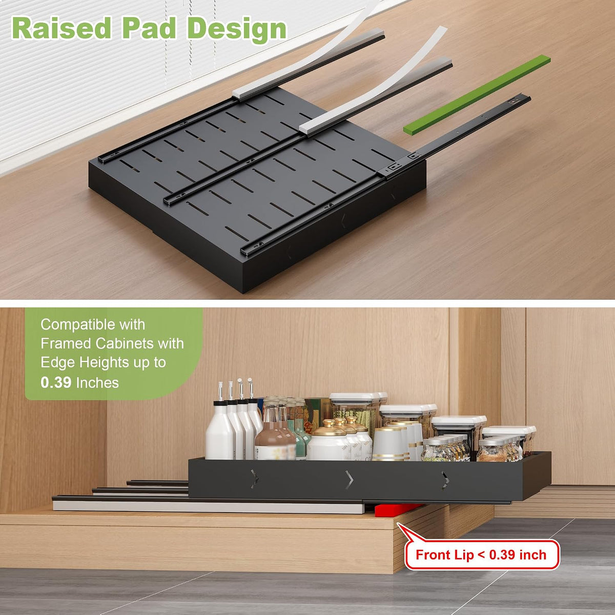 2-Pack-Expandable-Pull-Out-Cabinet-Organizers, No Drill Slide Out Drawers | Adjustable Pull Out Shelf With Raising Pad For Kitchen Framed Cabinet, Heavy Duty Sliding Roll Out Drawers Inside Cabinet - Field & Nook