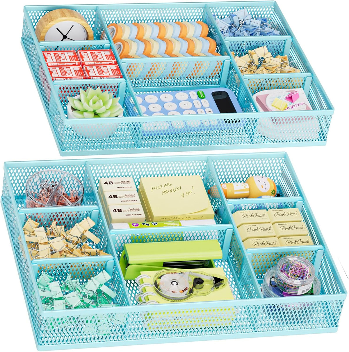 Marbrasse 2 Pack Desk Drawer Organizer, Mesh Drawer Organizer Tray with 8 Adjustable Compartments, Desk Organizers and Accessories, 5 Dividers Drawer for Office Supplies, Makeup & Vanity (Blue) - Field & Nook