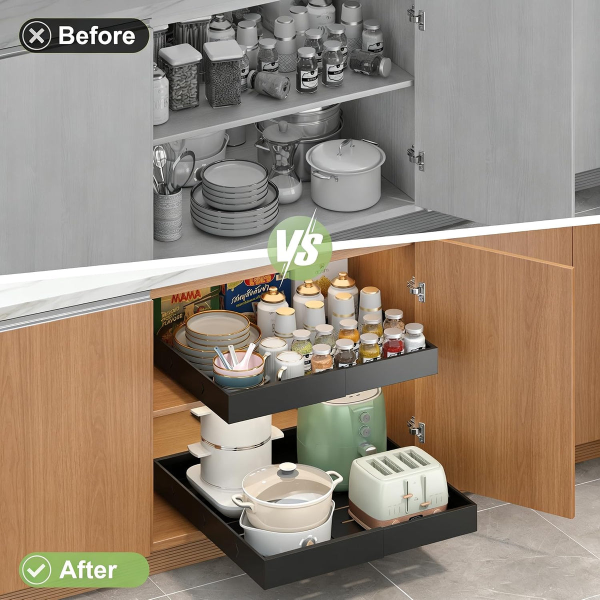 2-Pack-Expandable-Pull-Out-Cabinet-Organizers, No Drill Slide Out Drawers | Adjustable Pull Out Shelf With Raising Pad For Kitchen Framed Cabinet, Heavy Duty Sliding Roll Out Drawers Inside Cabinet - Field & Nook