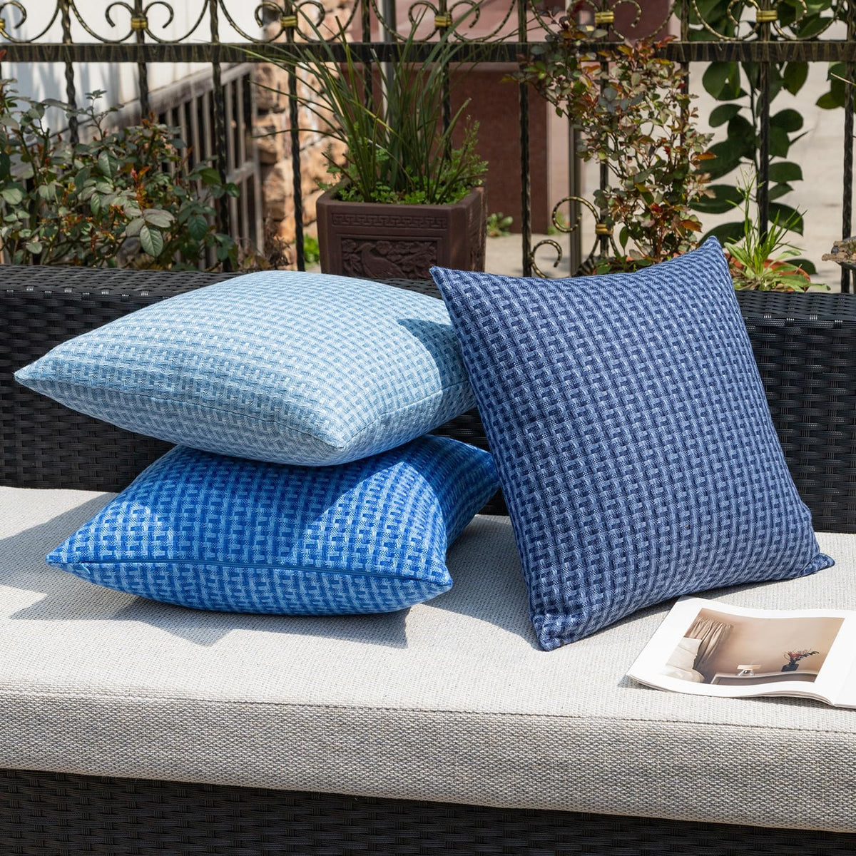 Kevin Textile Outdoor Waterproof Throw Pillow Covers Pack of 2 Weaving Texture Water Resistant Outside Decorative Cushion Covers for Garden Patio Tent Balcony Bench Couch Sofa 18x18 Inch, Navy Blue
