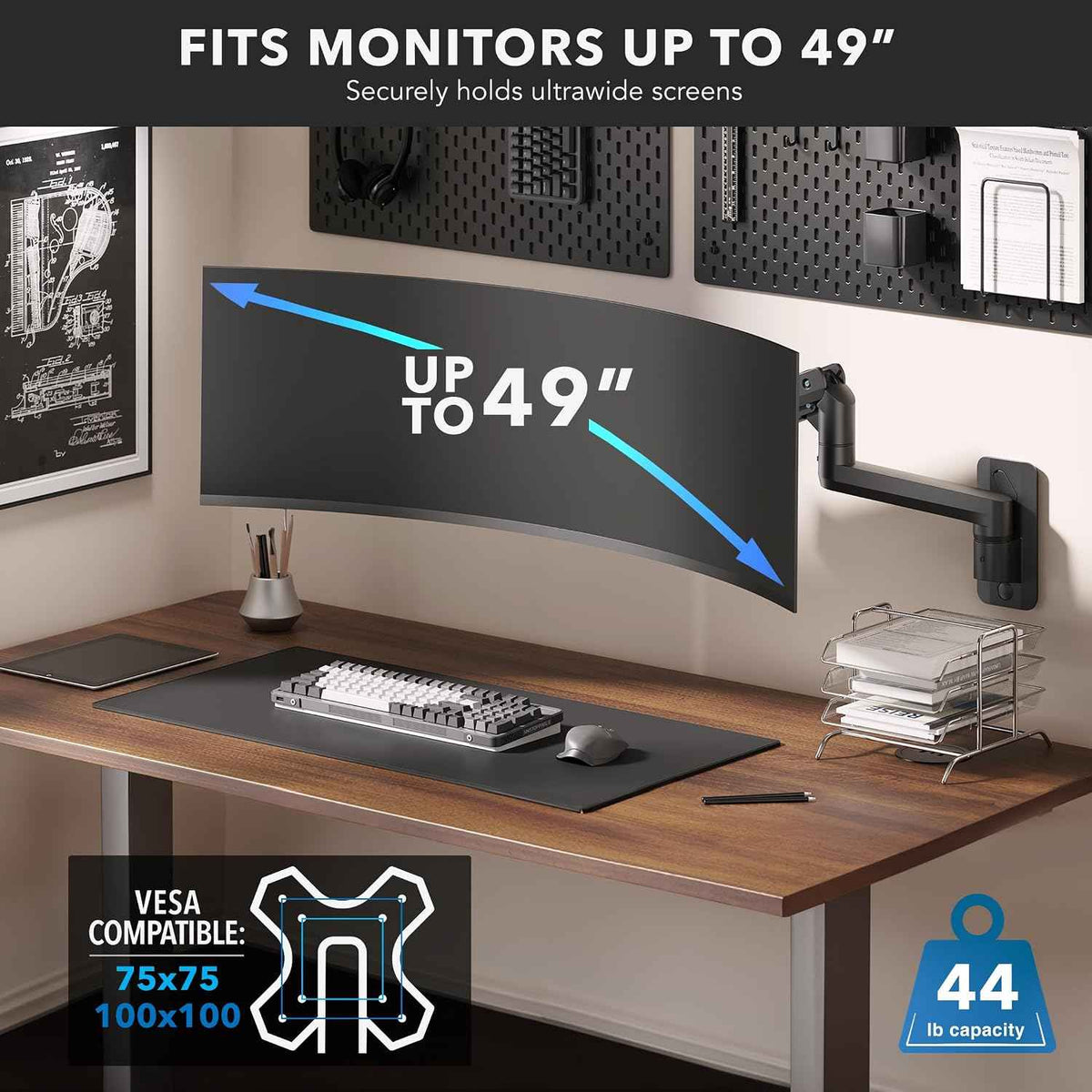 Mount-It! Heavy-Duty Wall Mount Arm for 49" Curved Monitors | Gas spring full motion arm, 23.5" reach, holds 44 lbs, VESA 75/100, single-stud install.