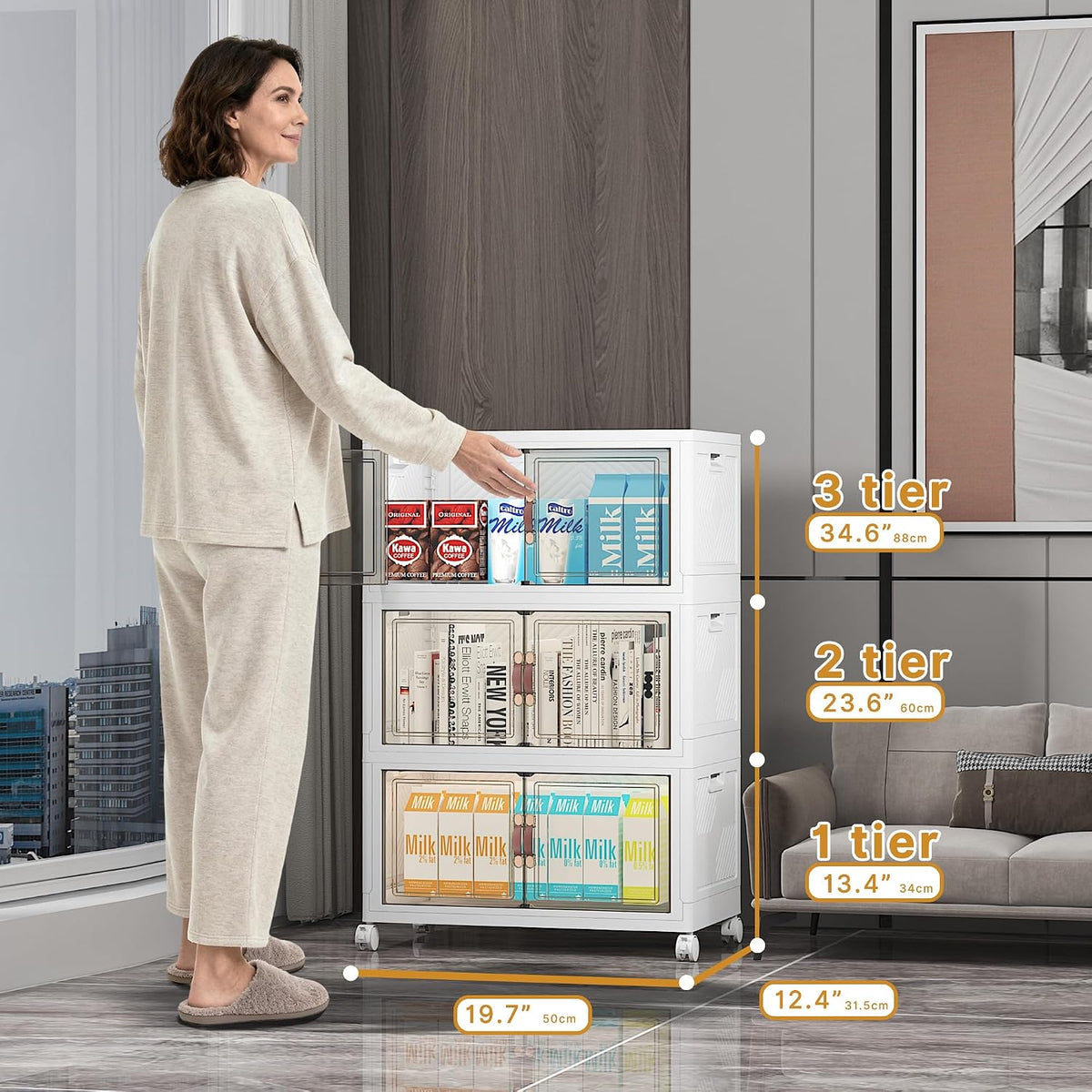 Stackable Storage Bins with Lid, 156QT Plastic Cabinet with Wheels | Large Capacity, Magnetic Door, Stack Lock, Rolling Wheels, Foldable Design, Organizers and Storage for Bedroom Dorm Garage - Field & Nook