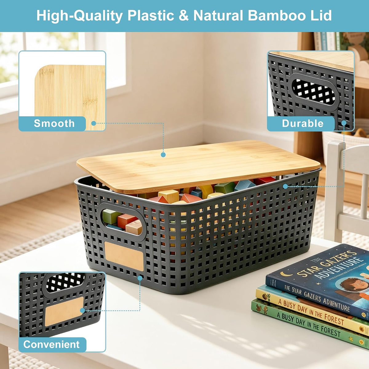 Small Plastic Storage Bins with Bamboo Lids 5.2qt Stackable Box Basket Pantry Decorative Containers Cute with Lable for Organizing Desktop Closet Office Gray of 6 packs 10 * 7.2 * 4.1" - Field & Nook