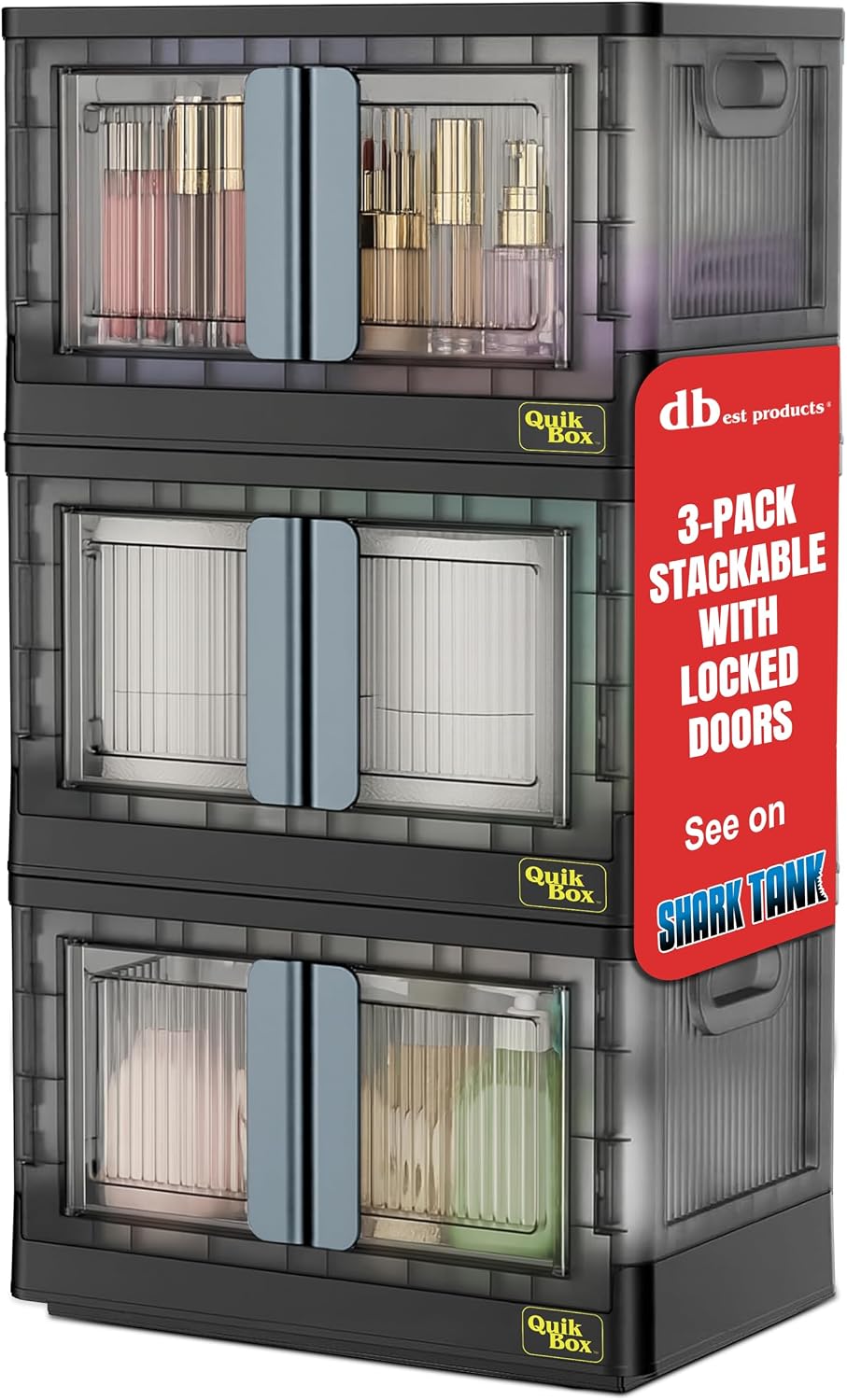 Quik Box - 8.5 Gallon 3-Pack Stackable Storage Bins with Doors & Wheels - Collapsible Organizer for Dorms, Bedroom & Home - Durable Polystyrene - Black - Field & Nook