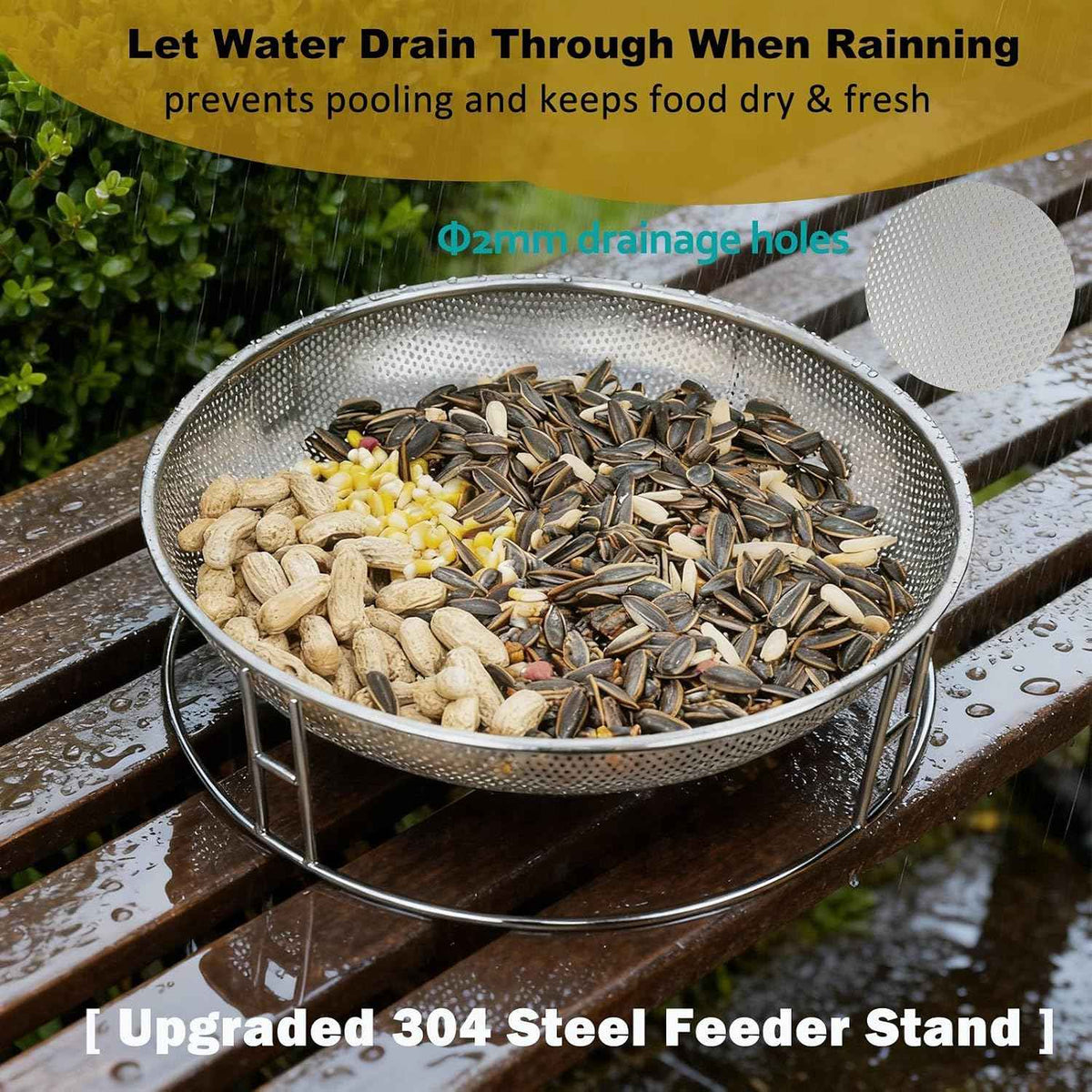 13-Inch Ground Bird Feeder and Bath Combo, Stainless Steel Ground Feeding Platform for Birds & Squirrels, with Dual Birdseed Mesh Trays, Birdbath, Attracting Creatures to Backyard, Patio