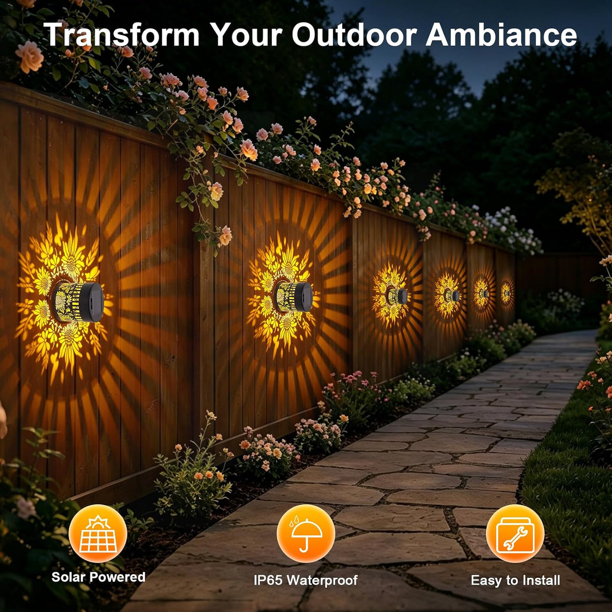 2 PCS Solar Fence Lights Outdoor, Metal Solar Powered Wall Deck Step Lights 2026 New Sunflower, Hanging LED Waterproof Decorative Lighting for Garden Patio Backyard Post Decor(Warm Light)